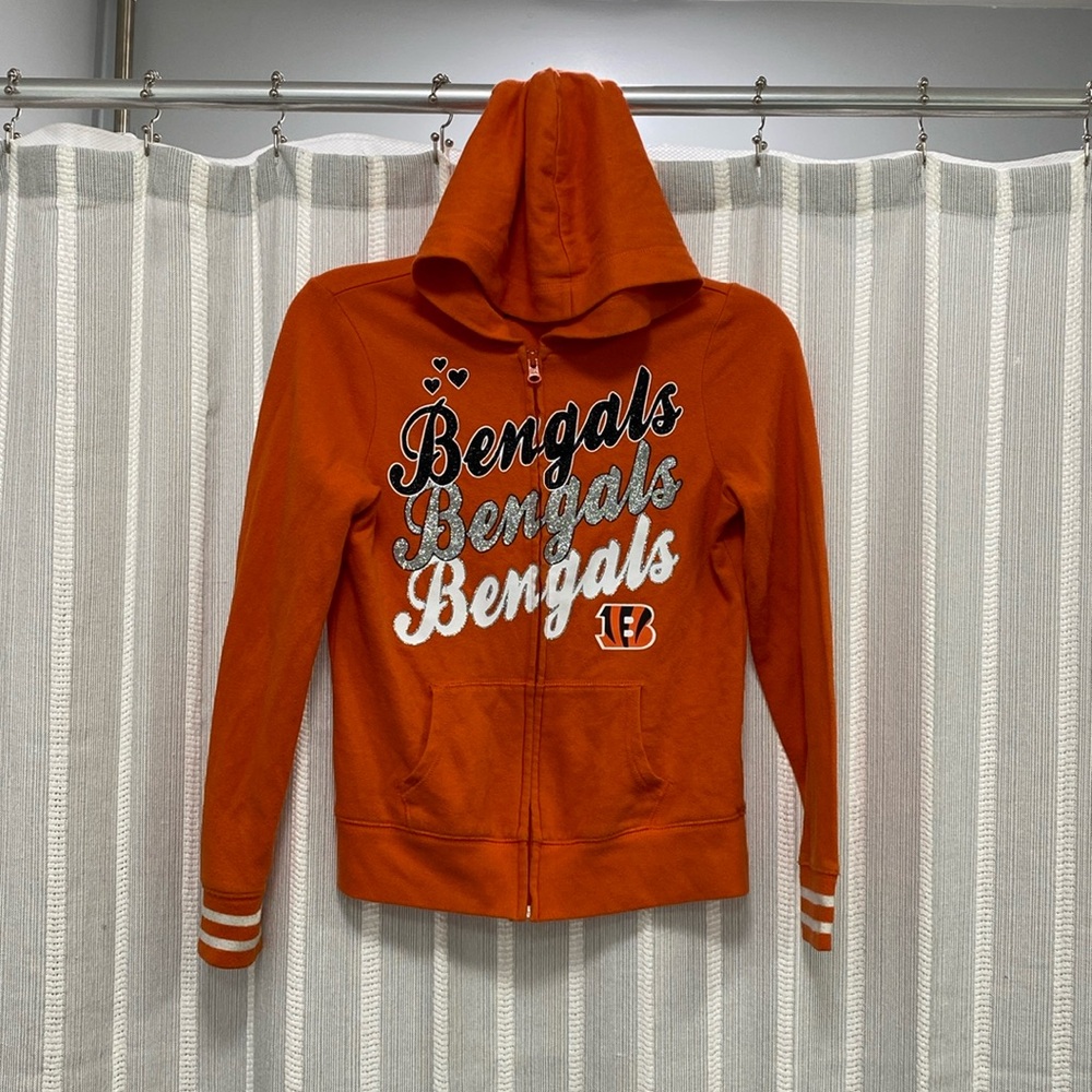 Cincinnati Bengals Glitter Logo Full Zip Hoodie Orange‎ Black White Girls 8/10